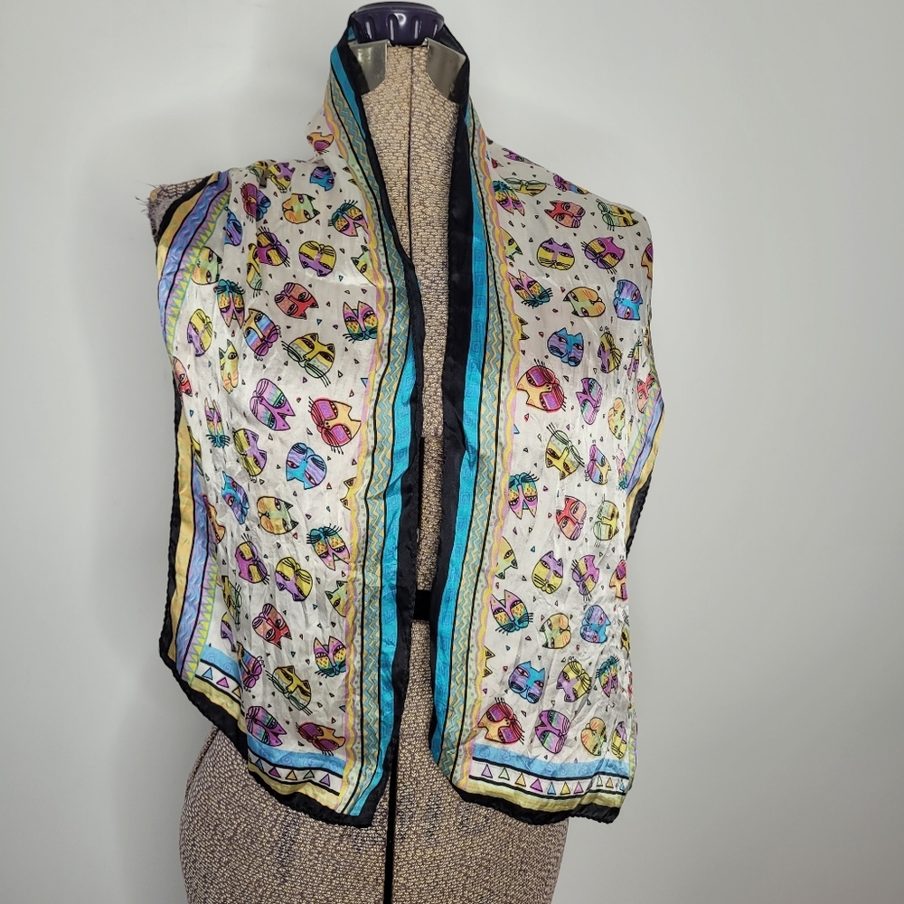 Laurel Birch style colourful silk scarf with cats - Picture 3 of 7